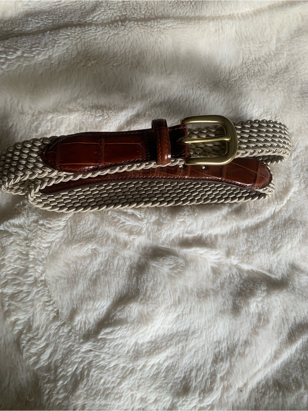 Brighton Woven Cream Belt with Brown Leather Accents and Gold Buckle